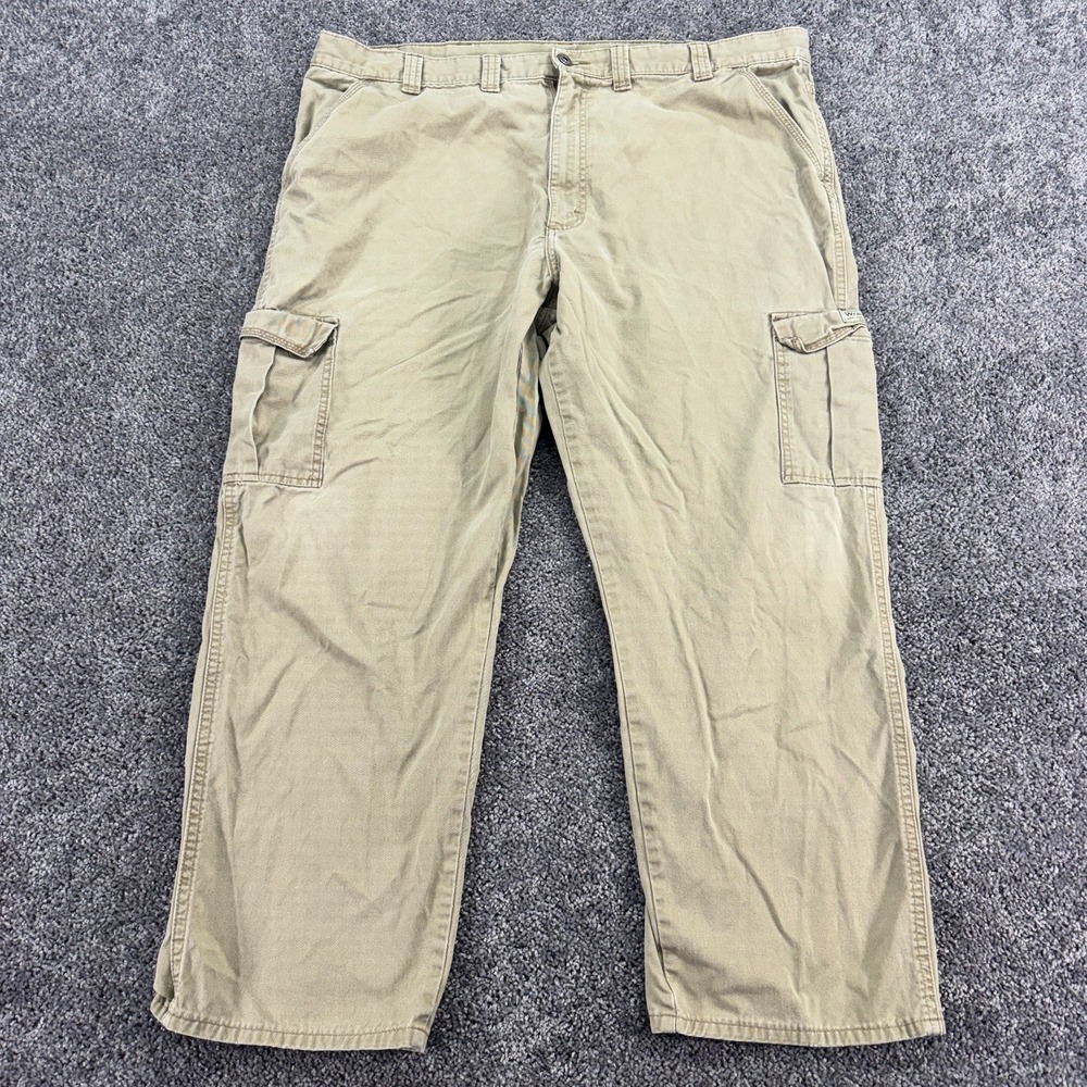 Wrangler Pants Mens 44x28 Tan Cargo Straight Leg Pockets Outdoor Logo Workwear